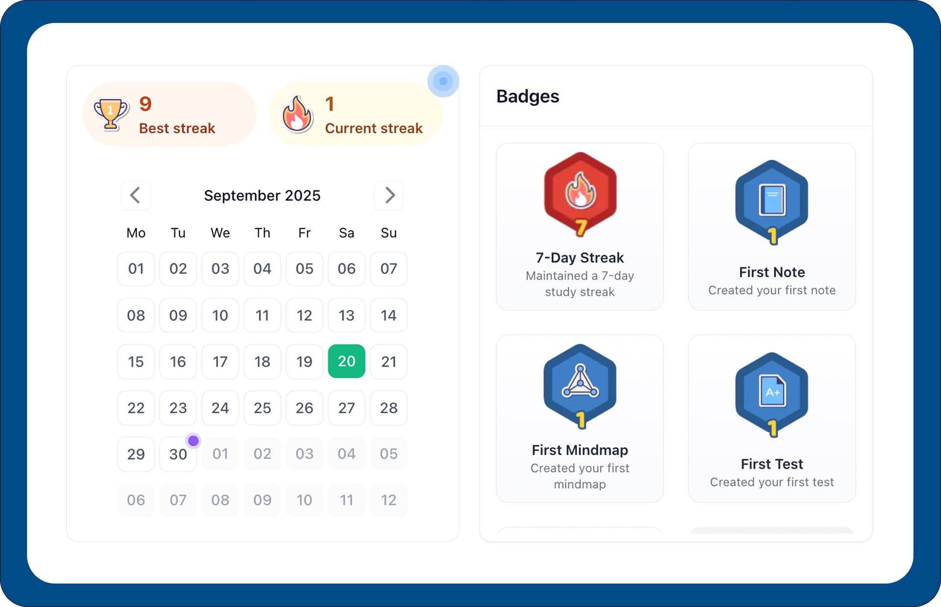 Calendar and streak tracking interface supporting student planning and consistency